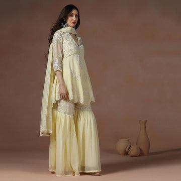 Yellow Georgette Embroidered Kurta Sharara Set