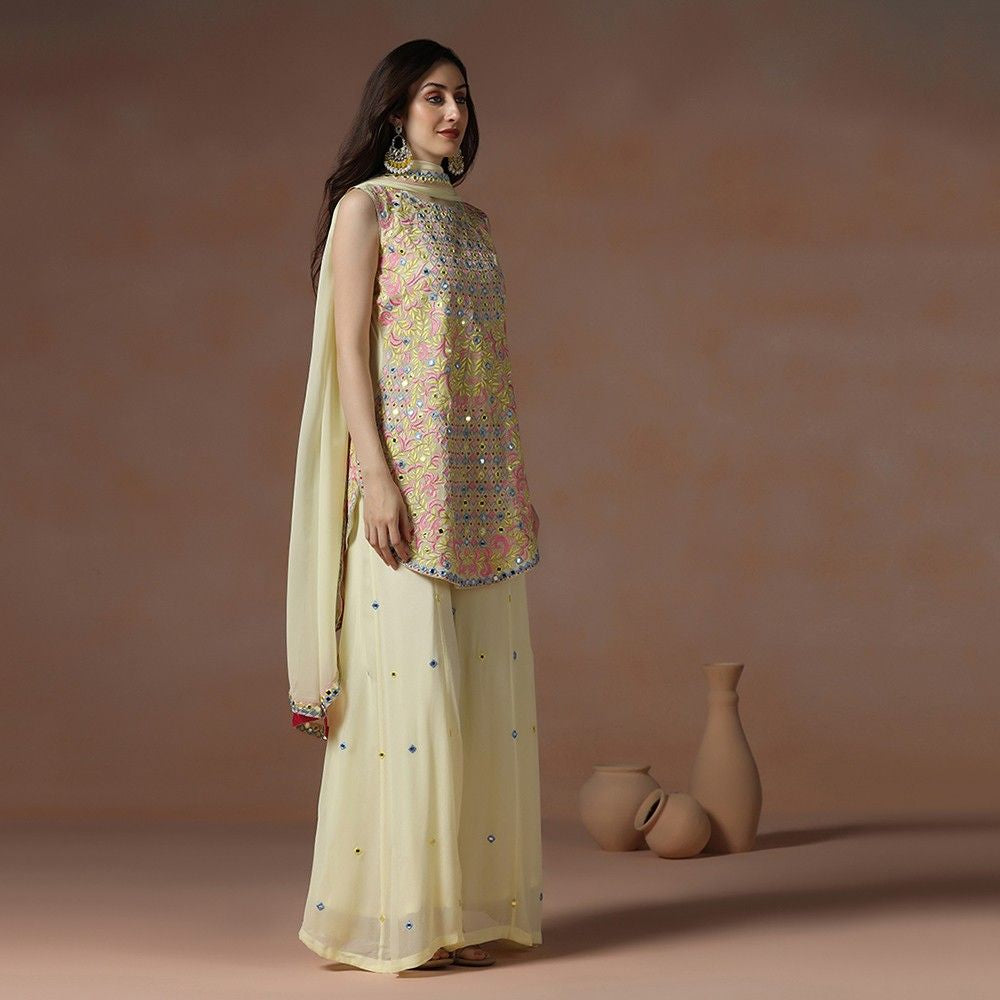 Pastel Yellow Georgette Mirror Work Kurta Sharara Set