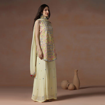 Pastel Yellow Georgette Mirror Work Kurta Sharara Set