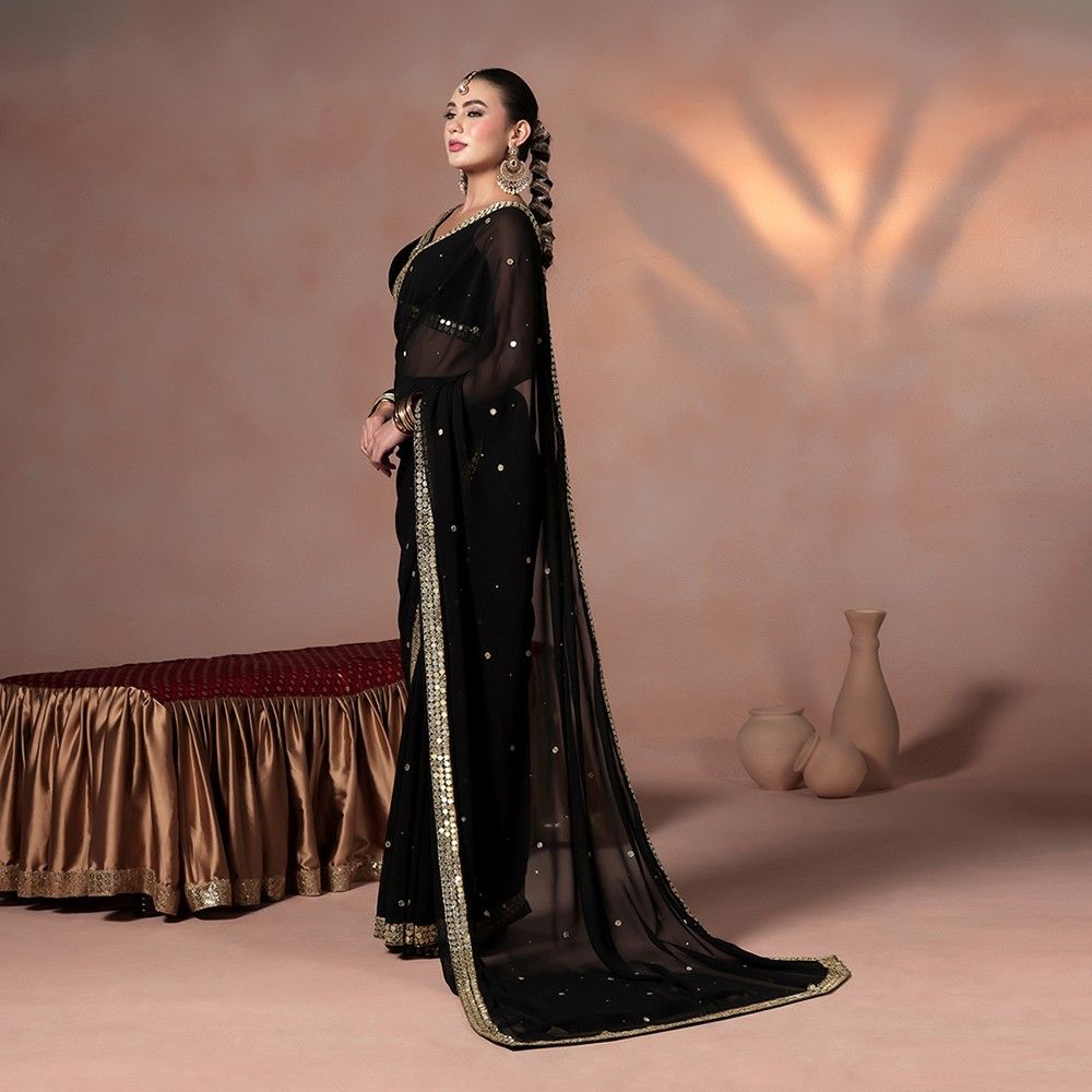 Black Georgette Saree with Gold Mirror Work Embellishments