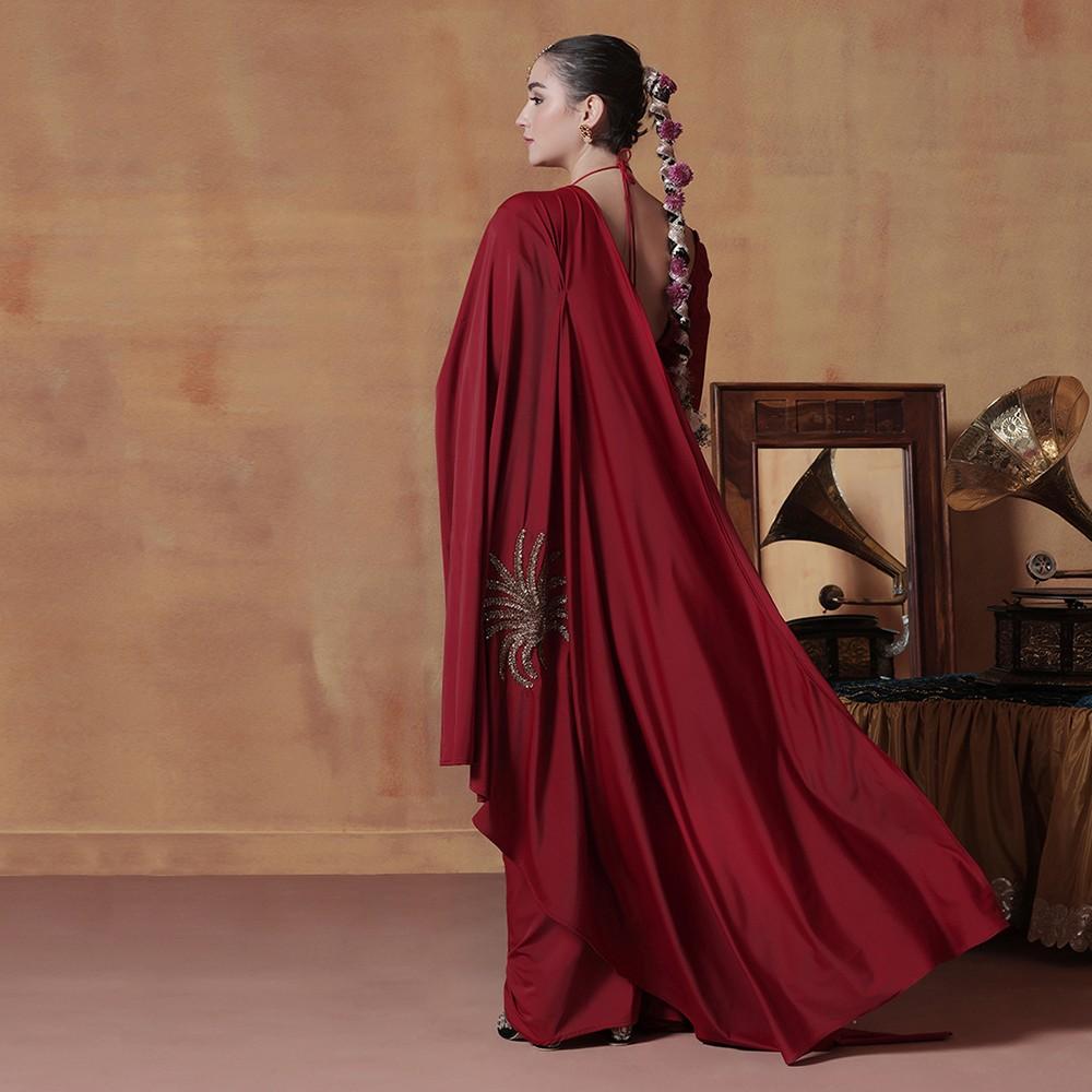 Ruby Red Pre-Draped Designer Saree Set with Blouse