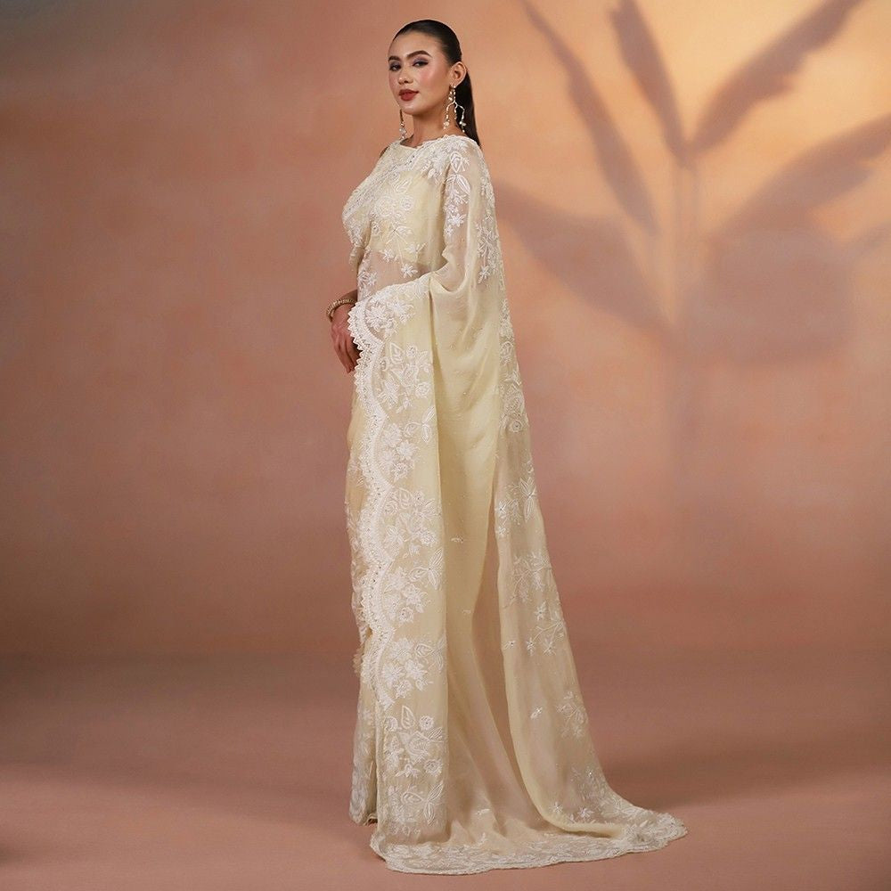 Ecru Organza Thread Work Saree with Embroidered Blouse