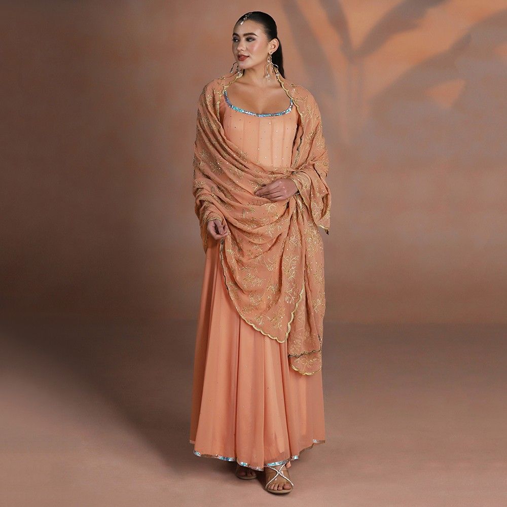 Peach Blush Embroidered Anarkali with Embroidered Dupatta
