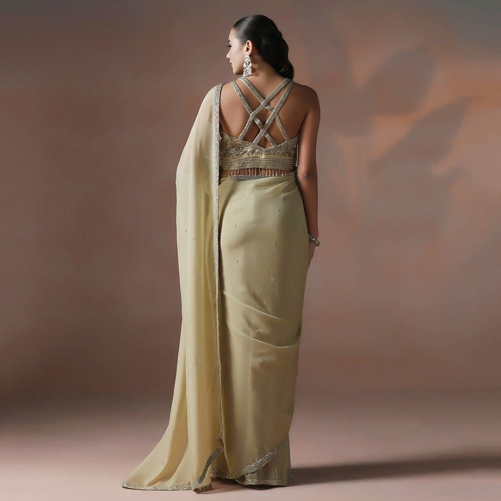 Gold Organza Hand Crafted Sequin Work Saree with Designer Blouse