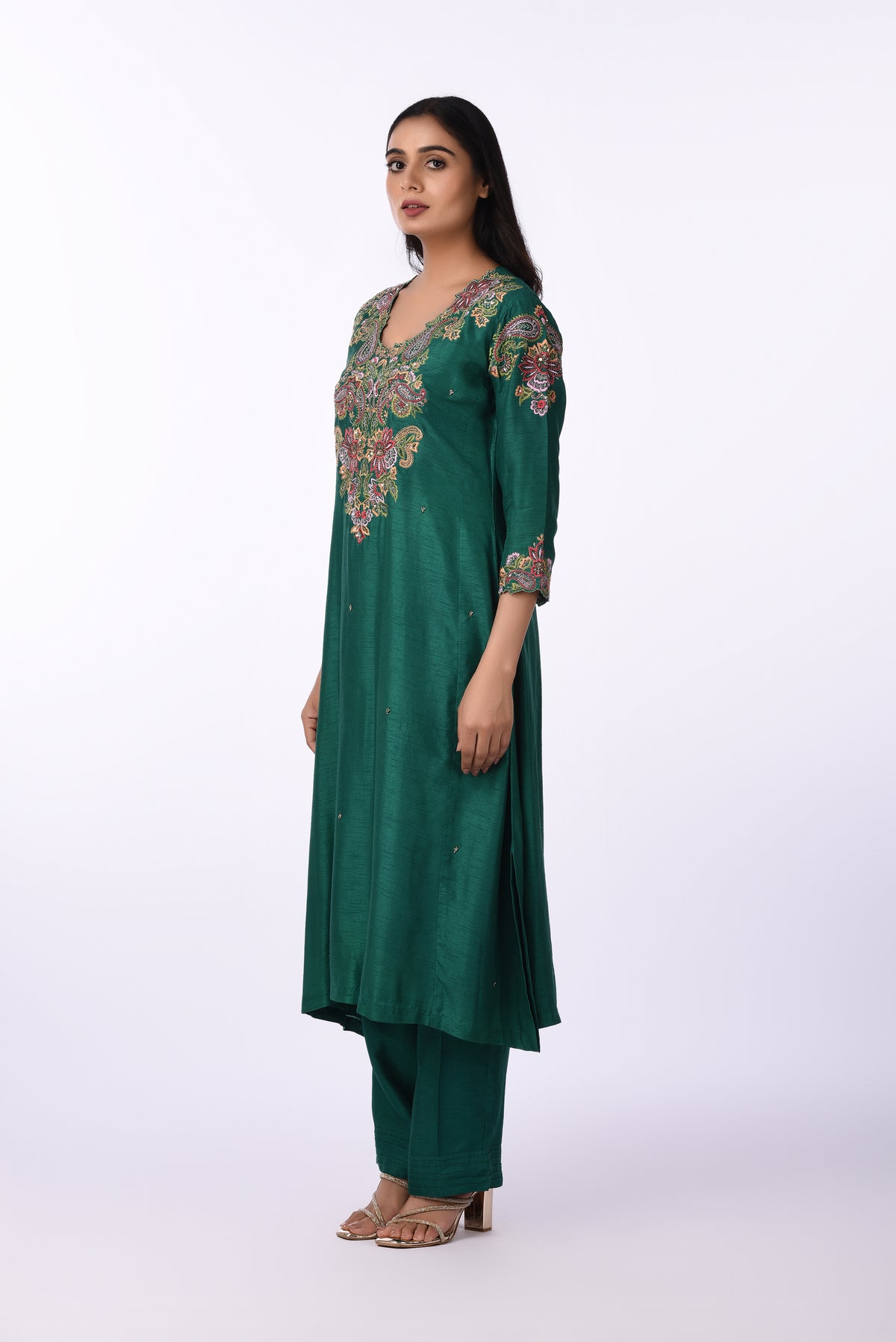 Kurti With Pants Set And Dupatta Emerald Green Silk Embroidered Kurta Set