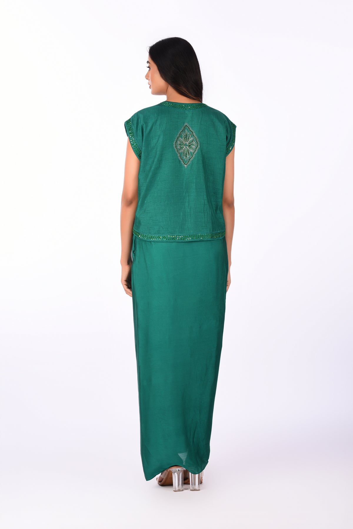 Jacket With Blouse and Drape Saree Elegant Green Jacket Drape Saree
