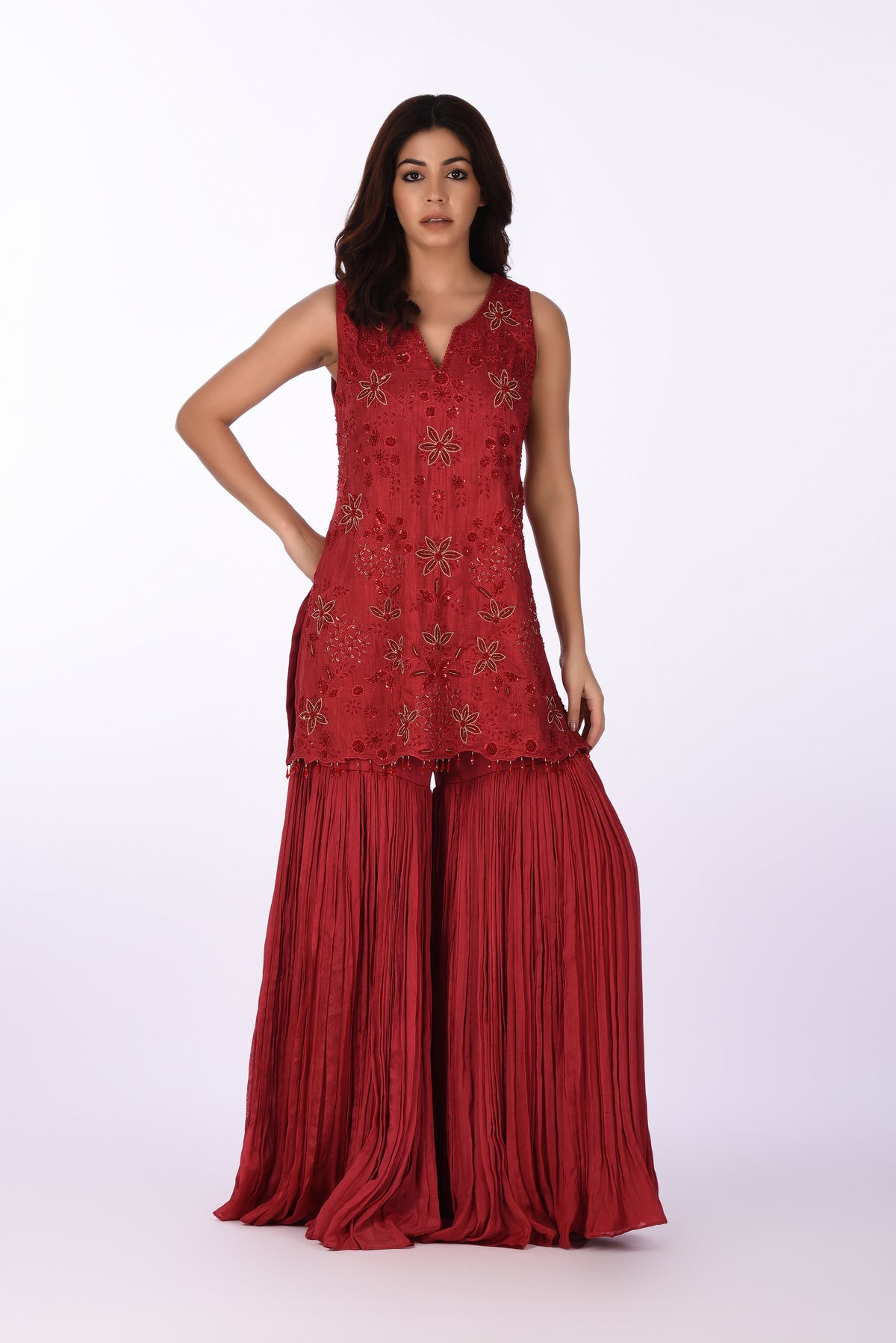 Kurti With Sharara Pants Red Luxe Silk Kurta Set