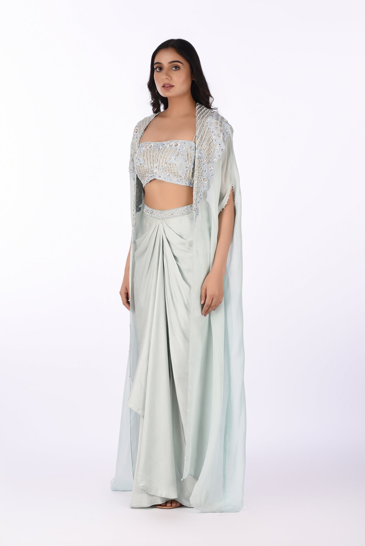 Blouse Jacket With Drape Skirt Grey Embroidered Blouse with Skirt & Cape