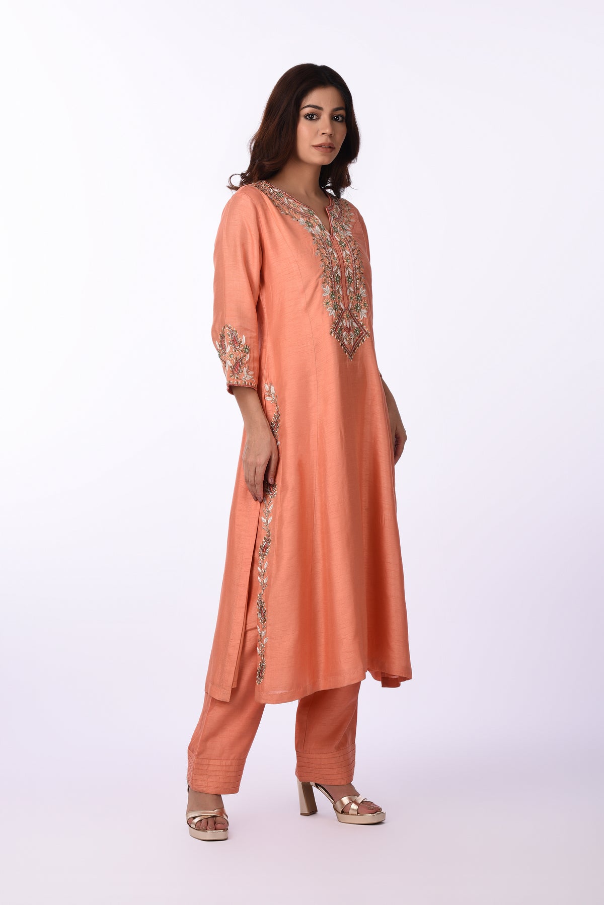 Kurti With Pants Set And Dupatta Peach Raw Silk Kurta Set