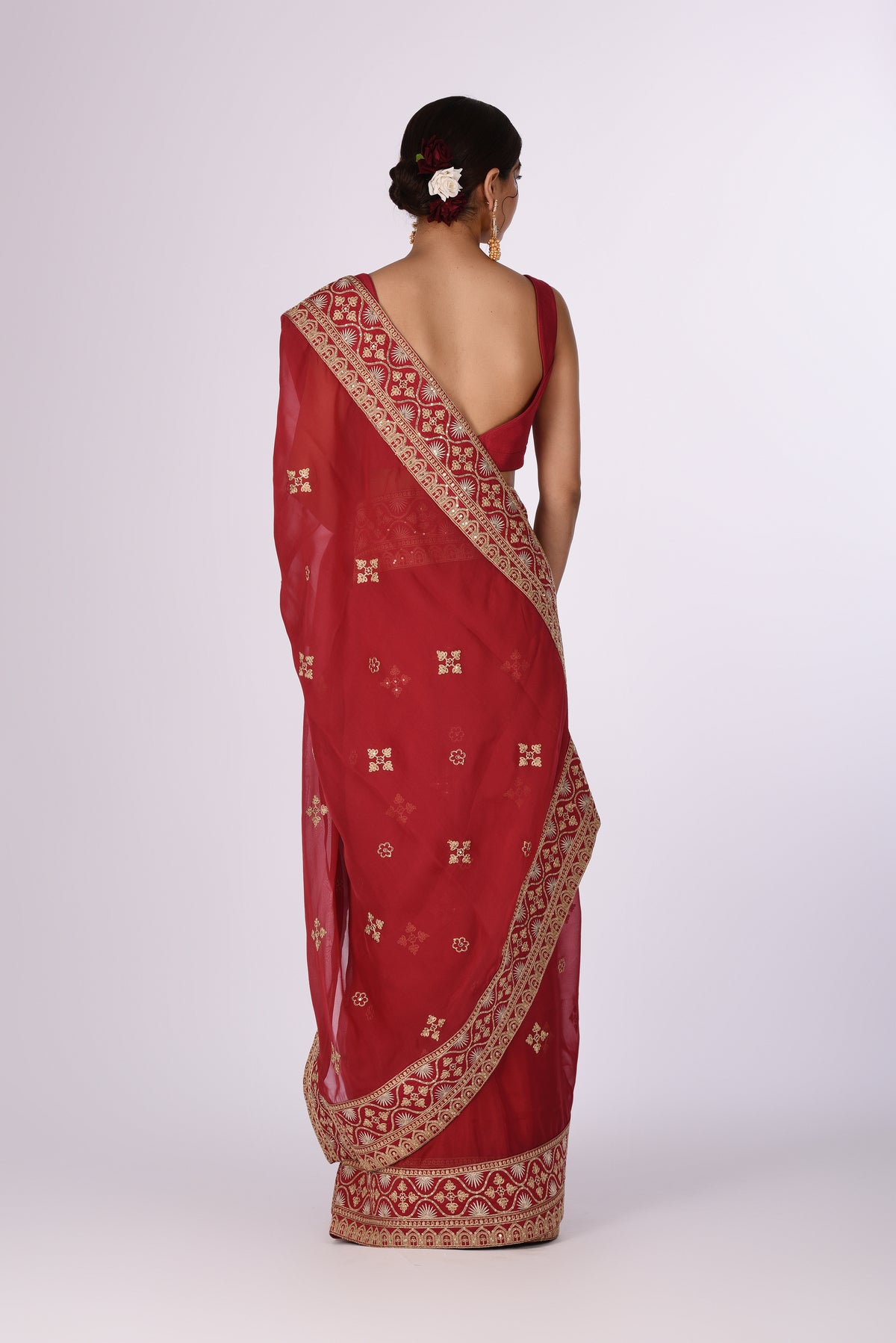 Saree With Blouse Elegant Red Organza Embroidered Saree