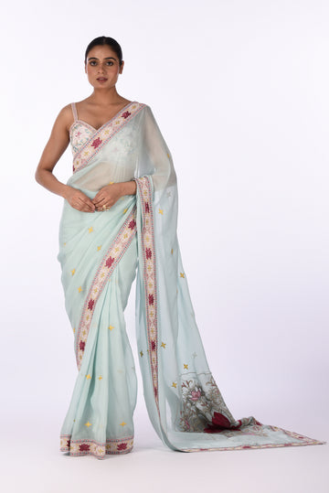 Saree With Blouse Pastel Pink Organza Embroidered Saree