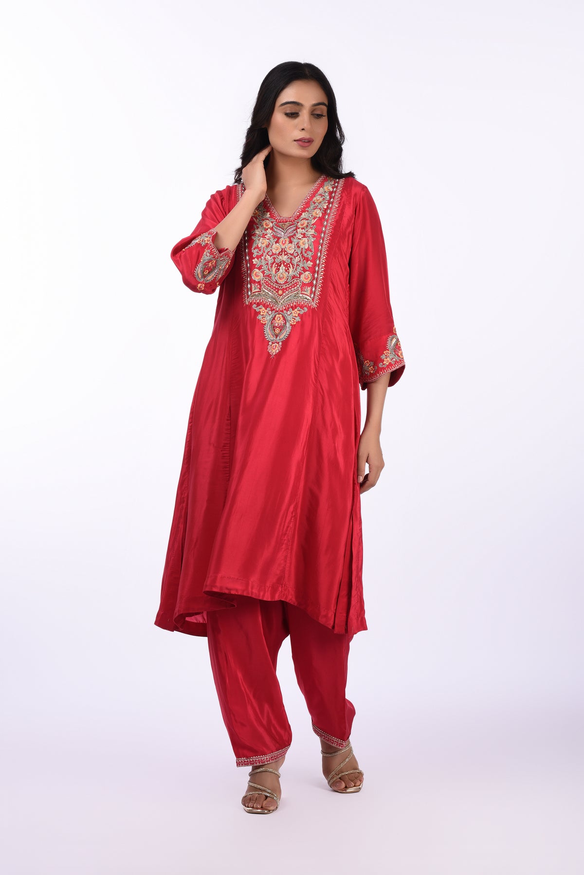 Kurti With Pants Elegant Red Embroidered  Kurta Set