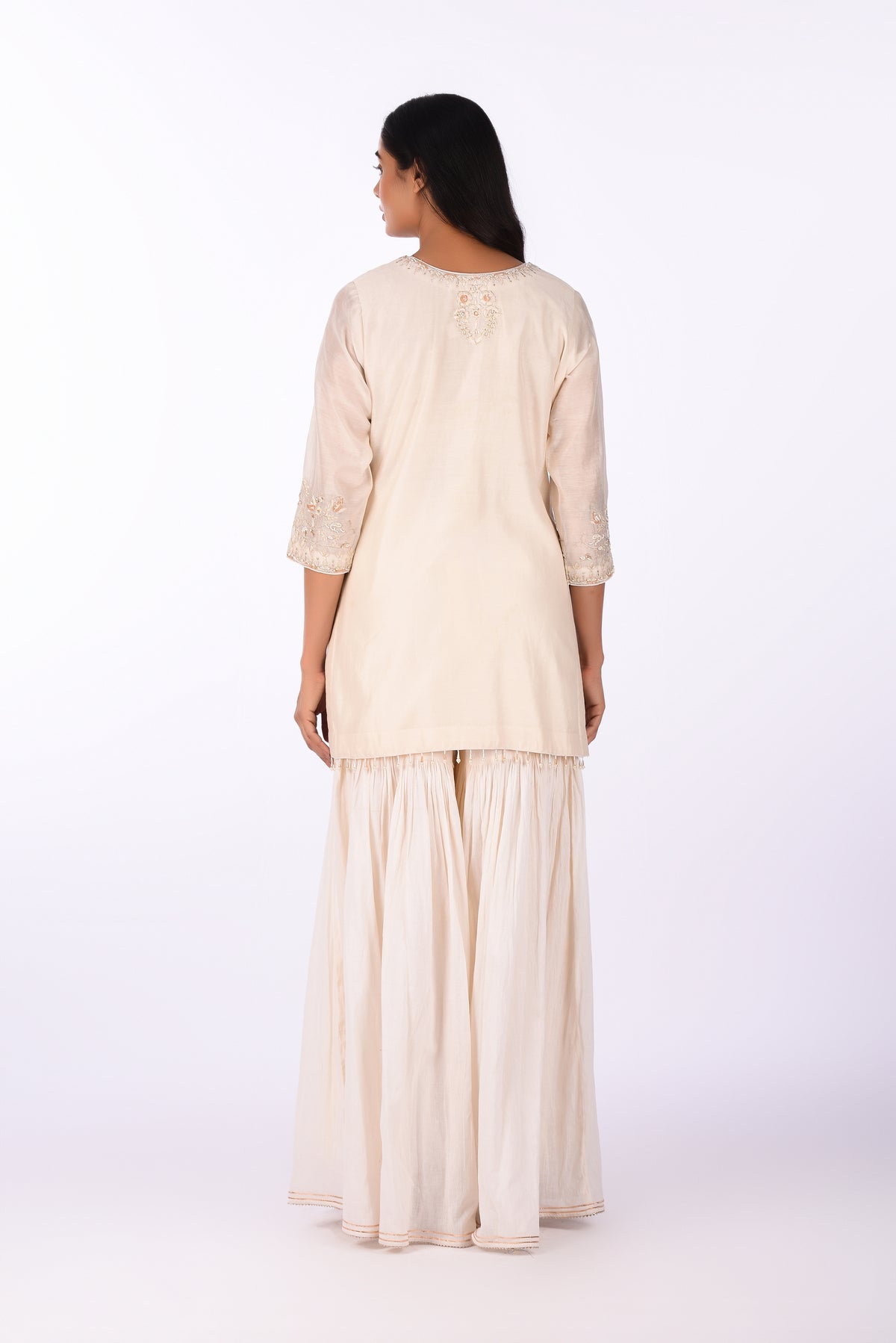 Embroidered Kurti Sharara Set Ivory Crushed Cotton Silk Kurta Sharara Set
