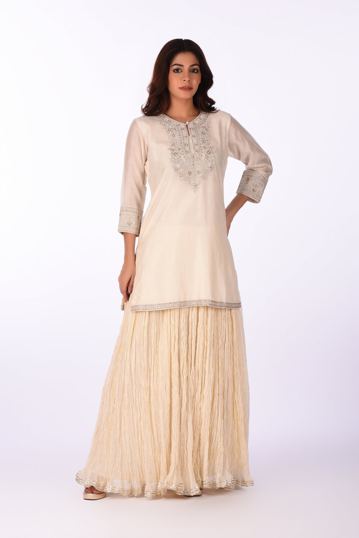 Kurti With Skirt Ivory Straight Kurta Set With Crushed Skirt