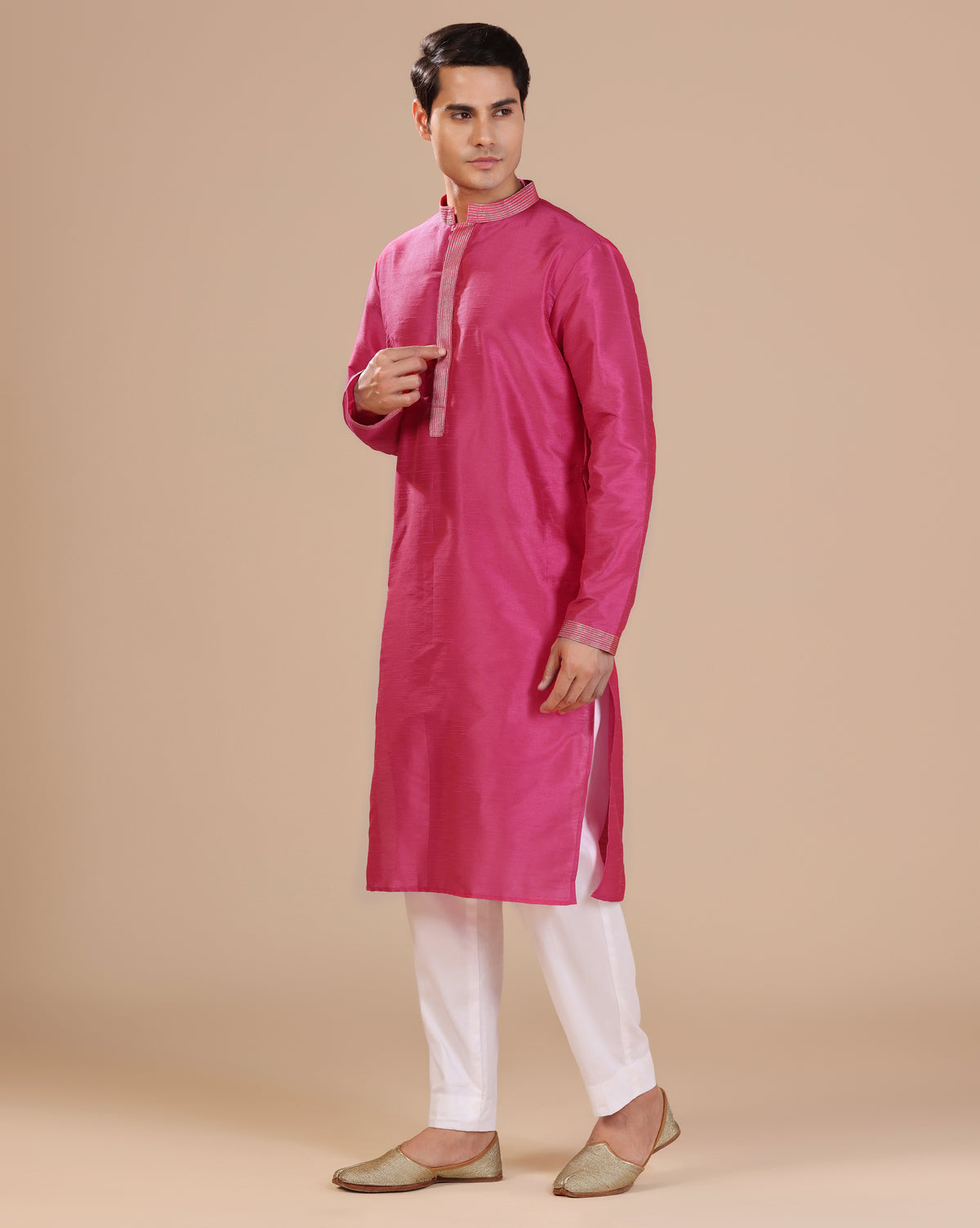 Men's Premium Rani Pink Dupion Silk Kurta Set With Subtle Embellished Placket