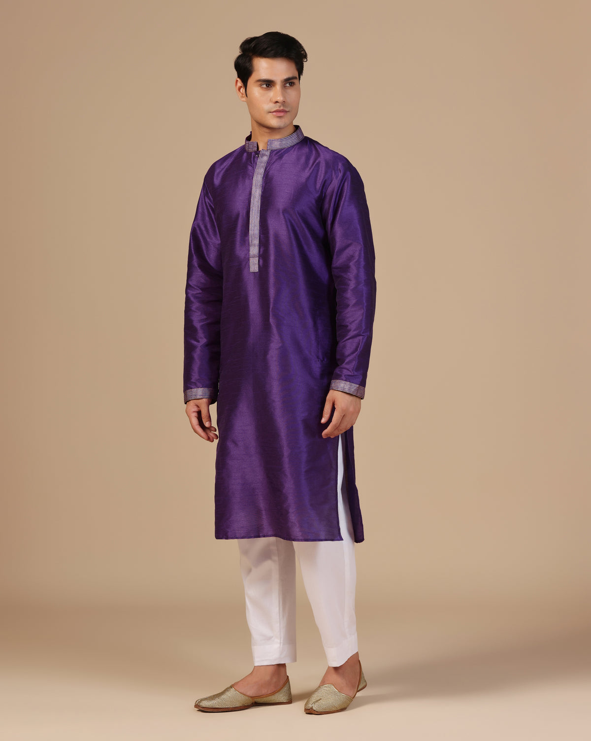 Men's Dupion Silk Royal Purple Kurta Set With Contrast Detailing