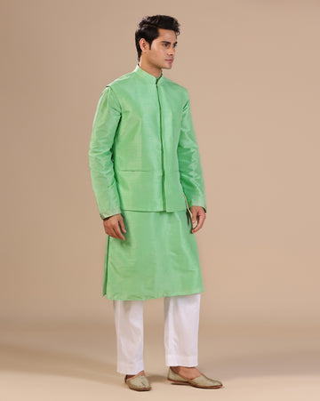 Men's Dupion Silk Green Kurta Set With Nehru Jacket