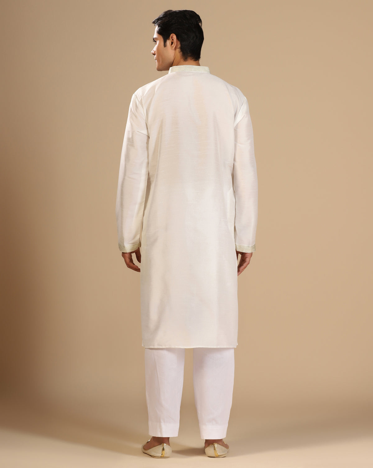Men's White Dupion Silk Kurta Set with Subtle Embellished Placket