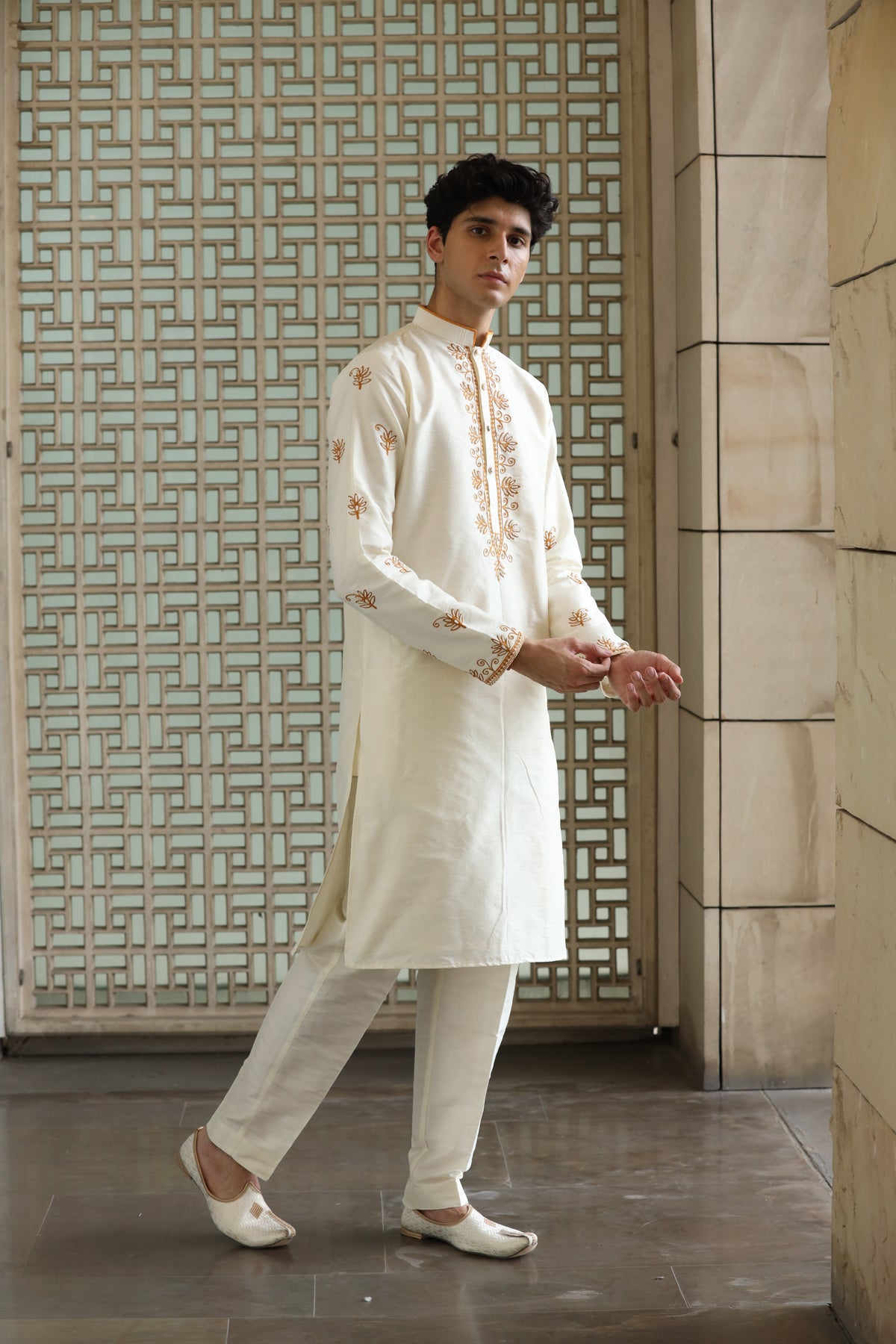 Classic Ivory Dupion Silk Embroidered Men's Kurta Set