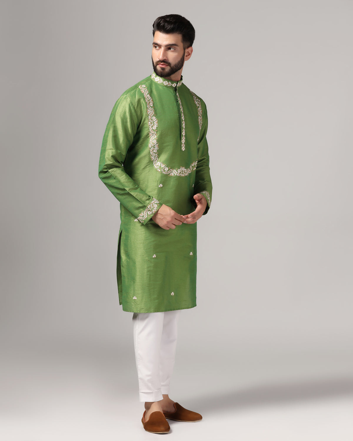 Festive Green Dupion Silk Embroidered Kurta Set