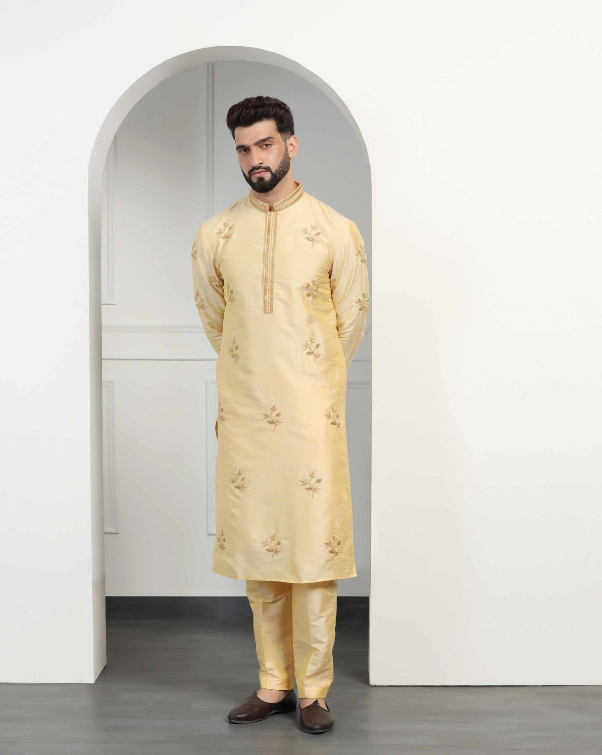 Classic Gold Dupion Silk Embroidered Kurta Set