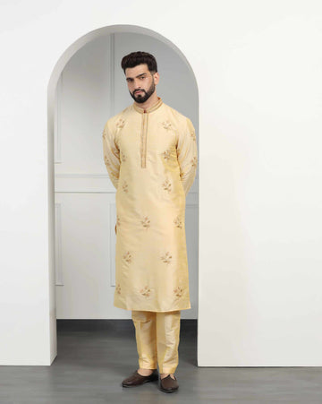 Classic Gold Dupion Silk Embroidered Kurta Set