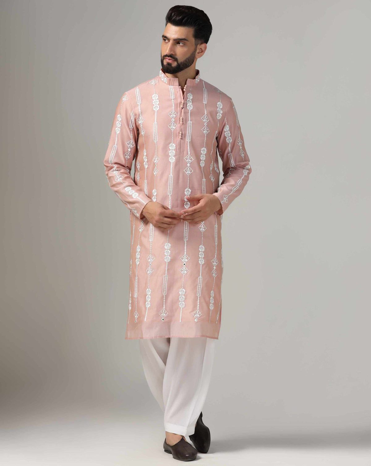 Dusty Pink Chanderi Embroidered Men's Kurta Salwar Set