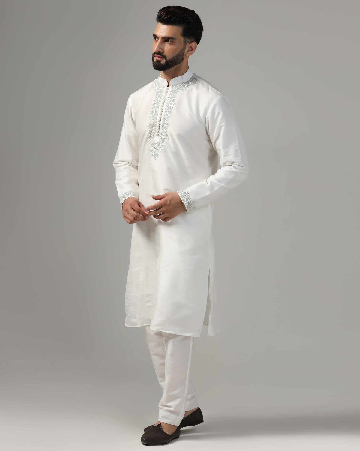 Classic White Dupion Silk Embroidered Kurta Set