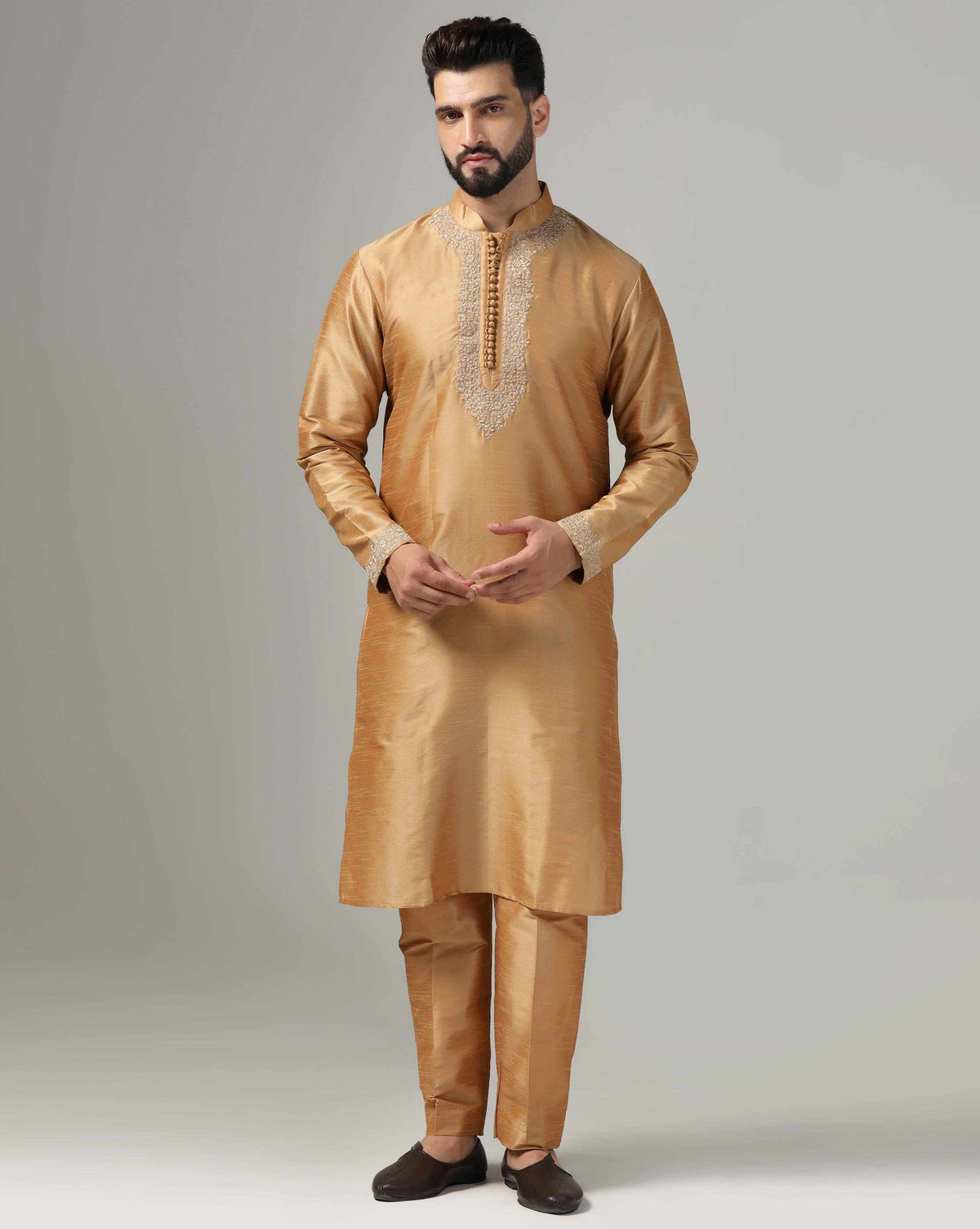 Gold Dupion Silk Embroidered Men's Kurta Set