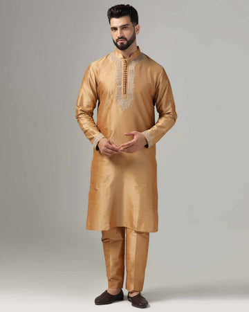 Gold Dupion Silk Embroidered Men's Kurta Set