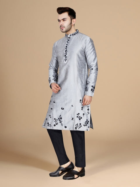Silver Dupion Silk Embroidered Men's Kurta Set
