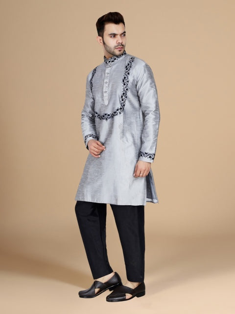 Silver Dupion Silk Embroidered Men's Kurta Set