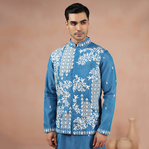 Blue Chanderi Men's Kurta Set With Embroidered Nehru Jacket
