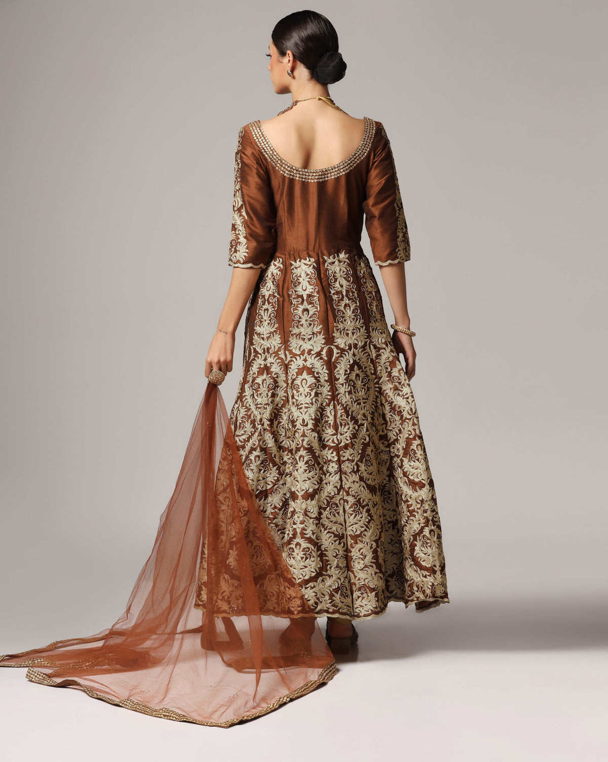 Brown Gold Aari Embroidered Anarkali
