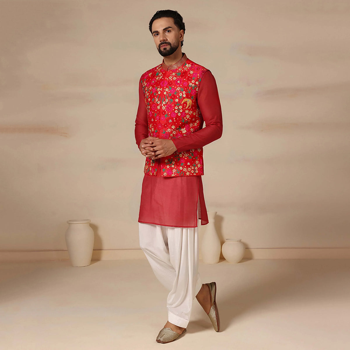 Scarlet Red Bundi Jacket Aari Works With Kurta Salwar Set