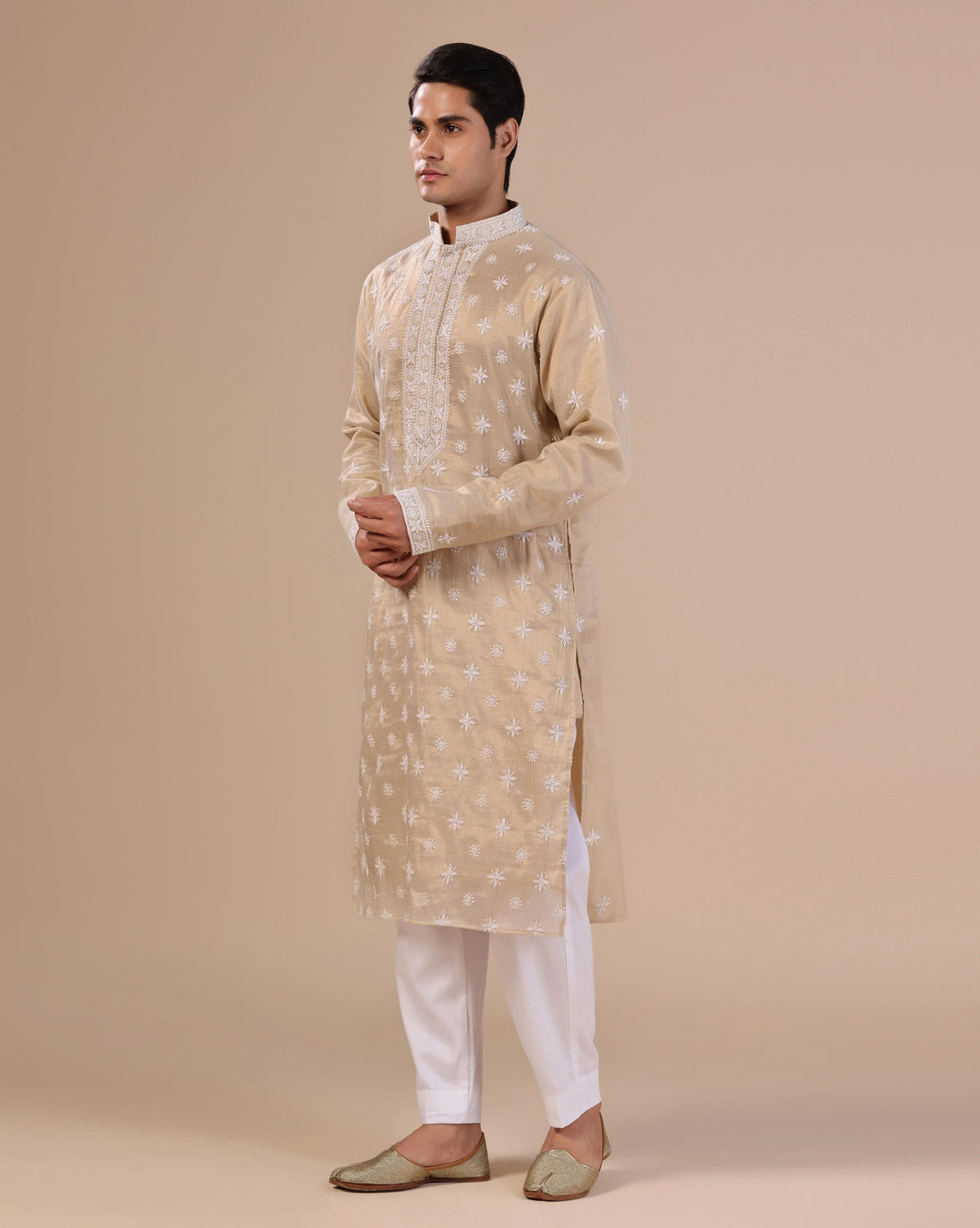 Golden Men's Chikankari Kurta With Mukesh Embellishments