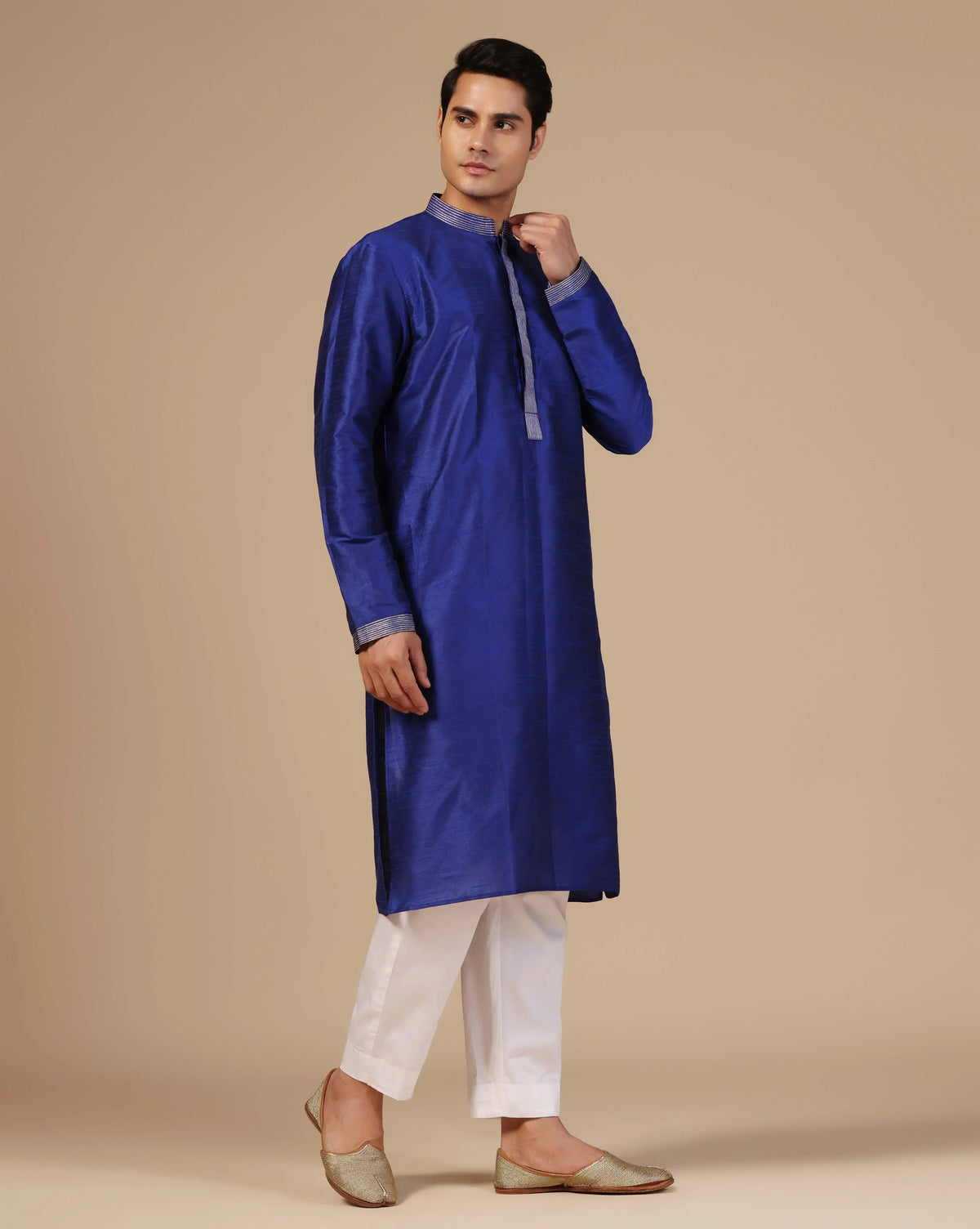 Blue Silk Kurta Set With Aari Zari Embroidery