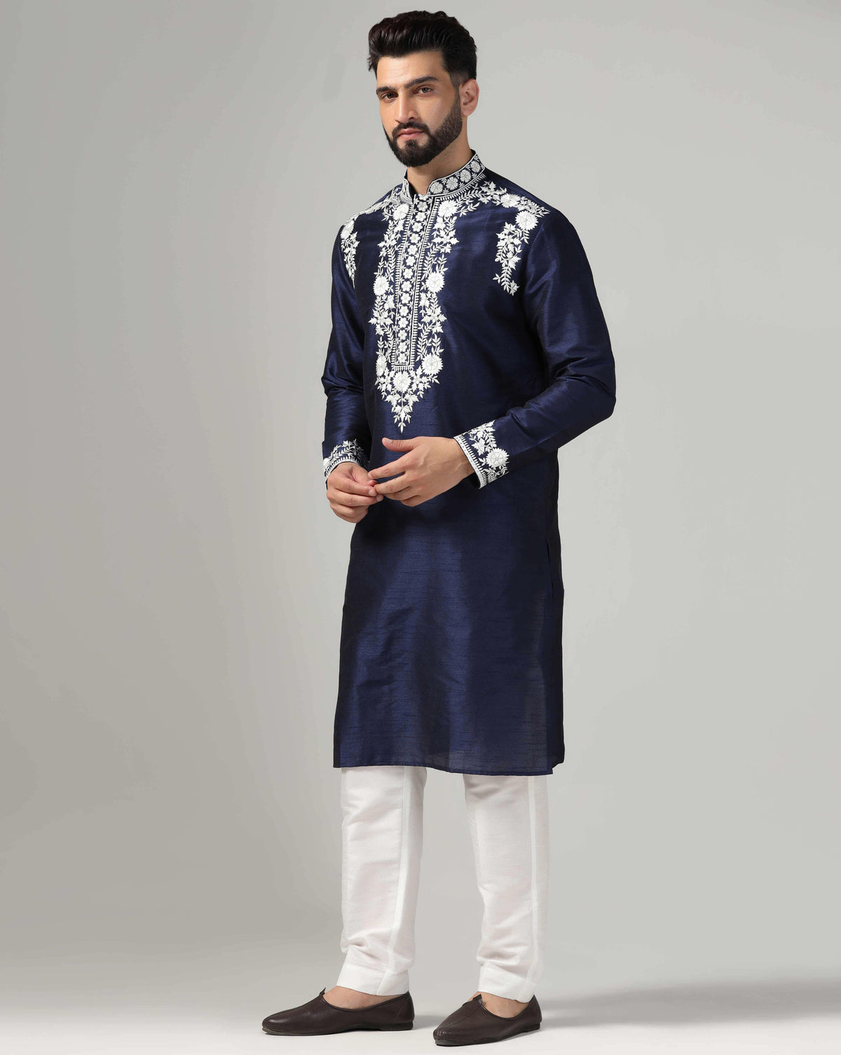 Elegant Deep Blue Men's Kurta Set With Intricate White Resham Work