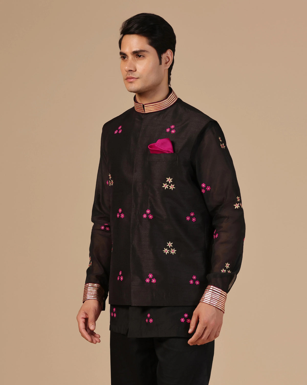 Black Chanderi Men's Nehru Jacket