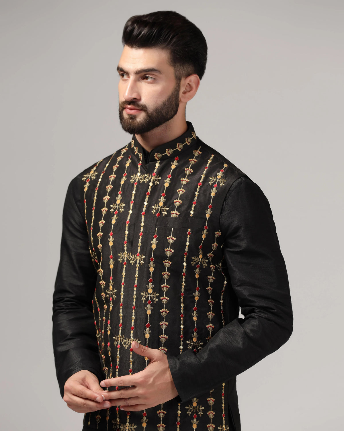 Men's Black Embroidered Nehru Jacket