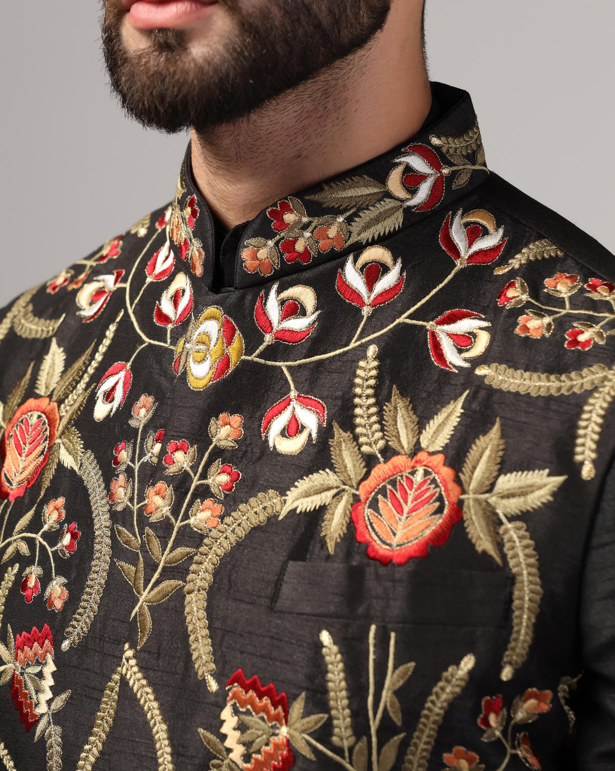 Men's Black Embroidered Nehru Jacket
