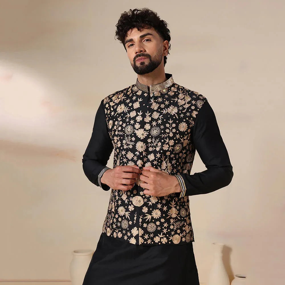 Black Embroidered Men's Nehru Jacket