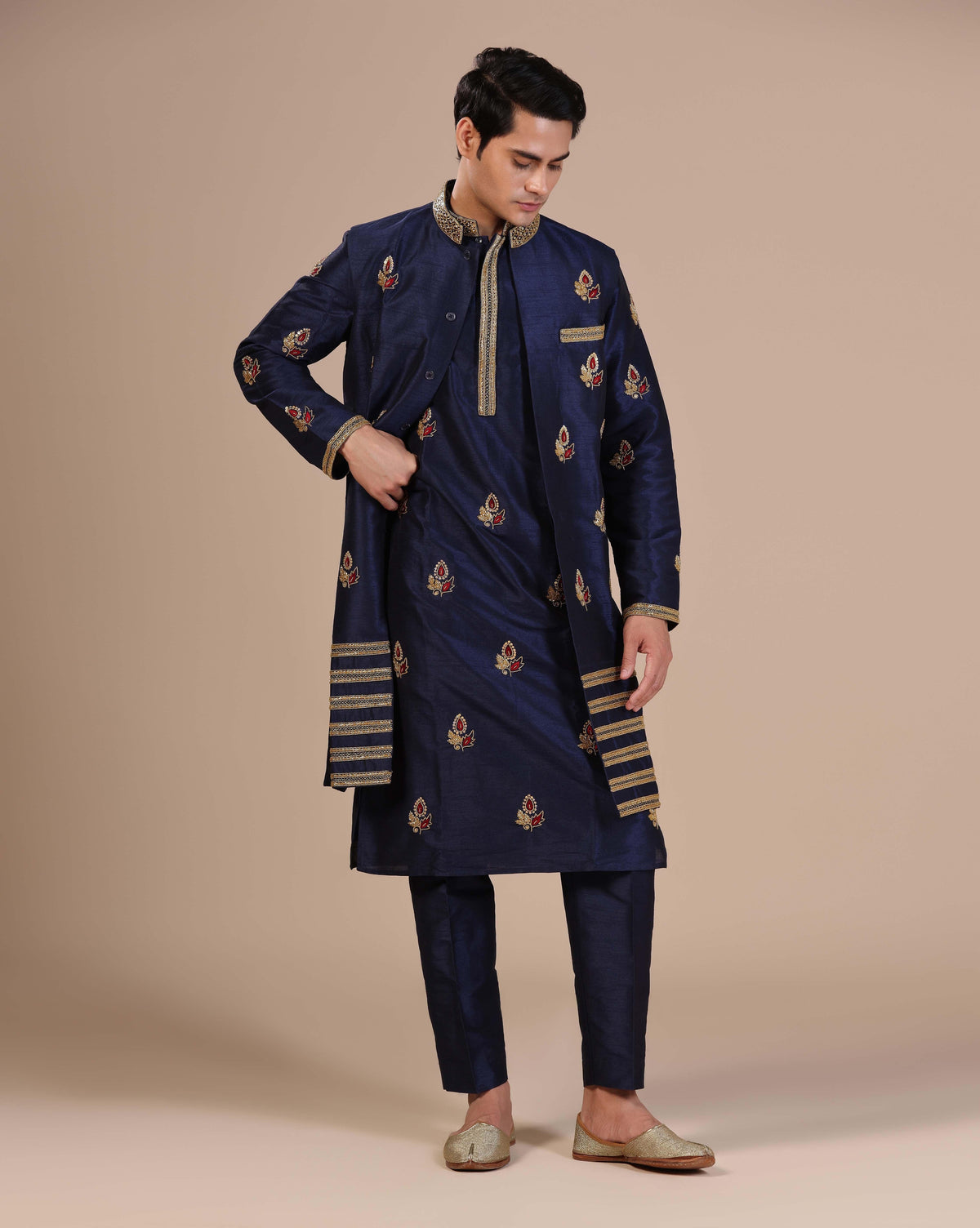 Blue Monotone Kurta Set With Long Jacket