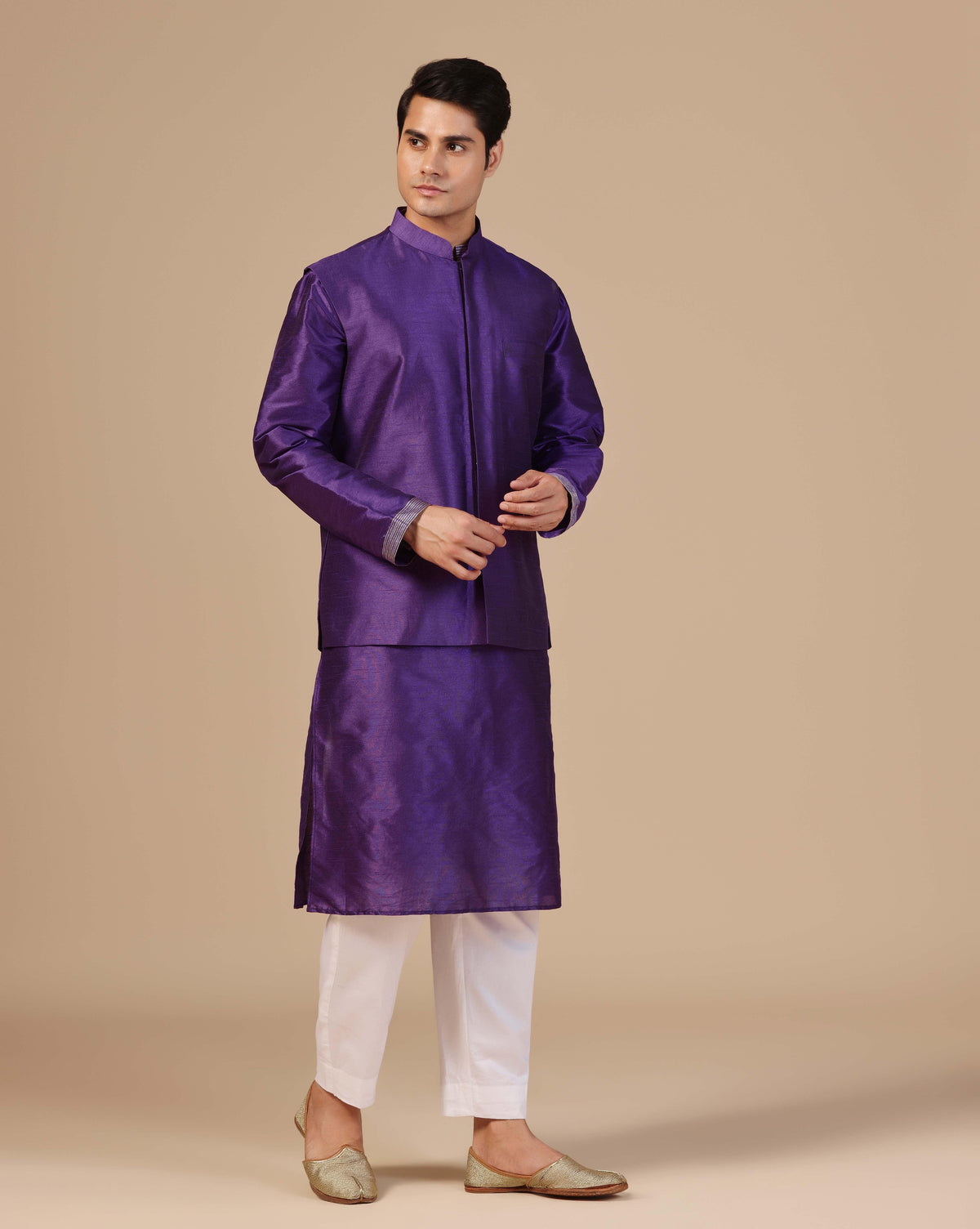 Men's Purple Nehru Jacket Embroidered Kurta Set