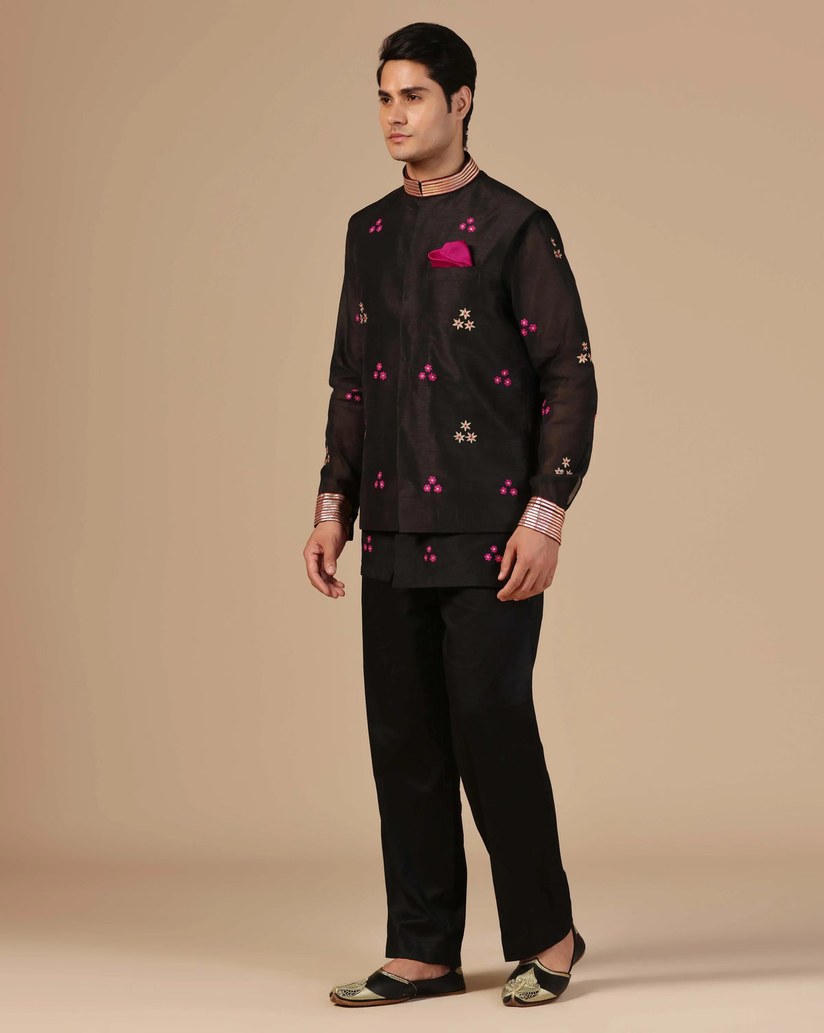 Traditional Black Chanderi Nehru Jacket With Short Kurta & Pants