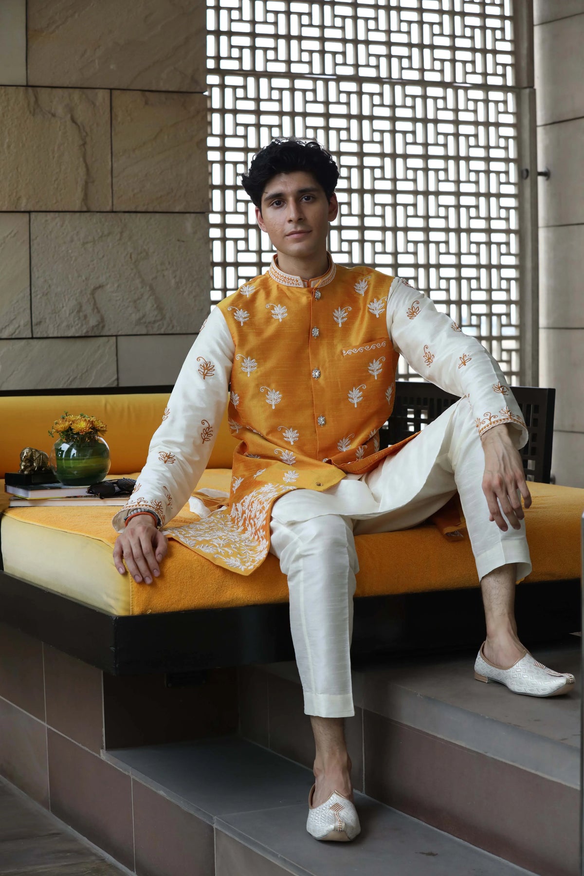 Elegant Cream Kurta Set With Vibrant Jacket