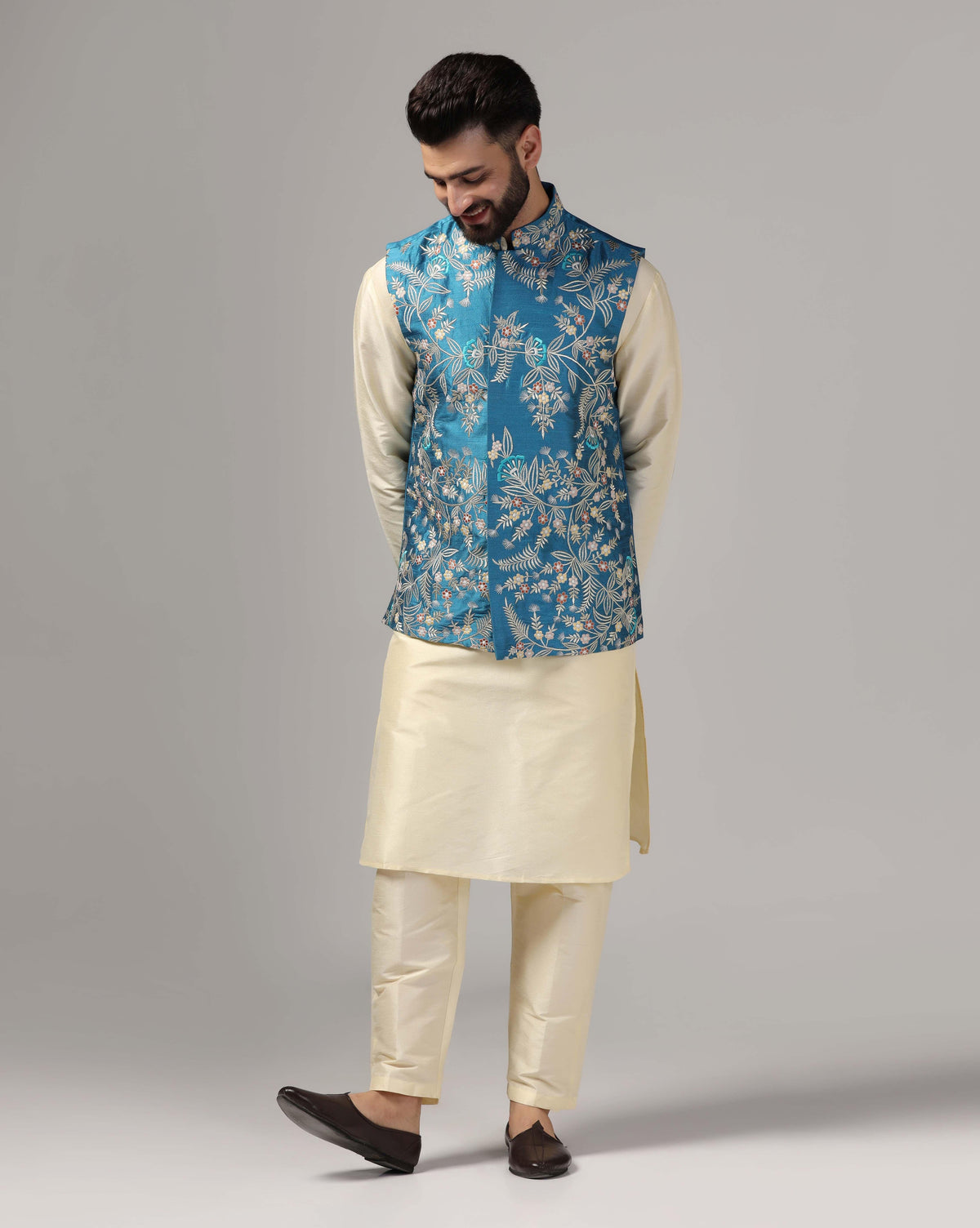 Men's Ethnic Cream Kurta Set With Blue Embroidered Nehru Jacket