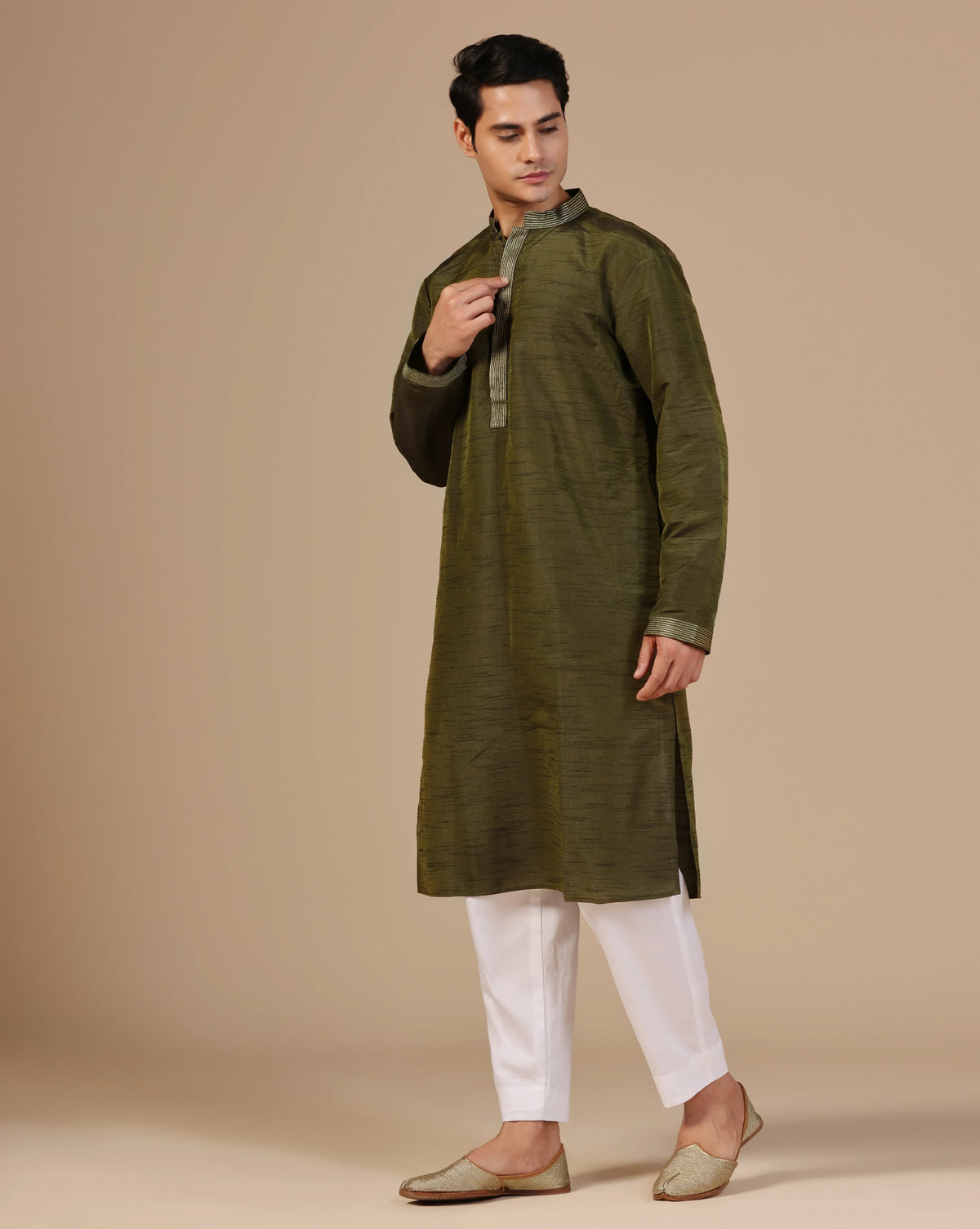 Men's green silk kurta set with aari zari embroidery — RNG REZA