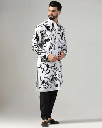 Mens Classic Black and white mens chanderi embroidered kurta set