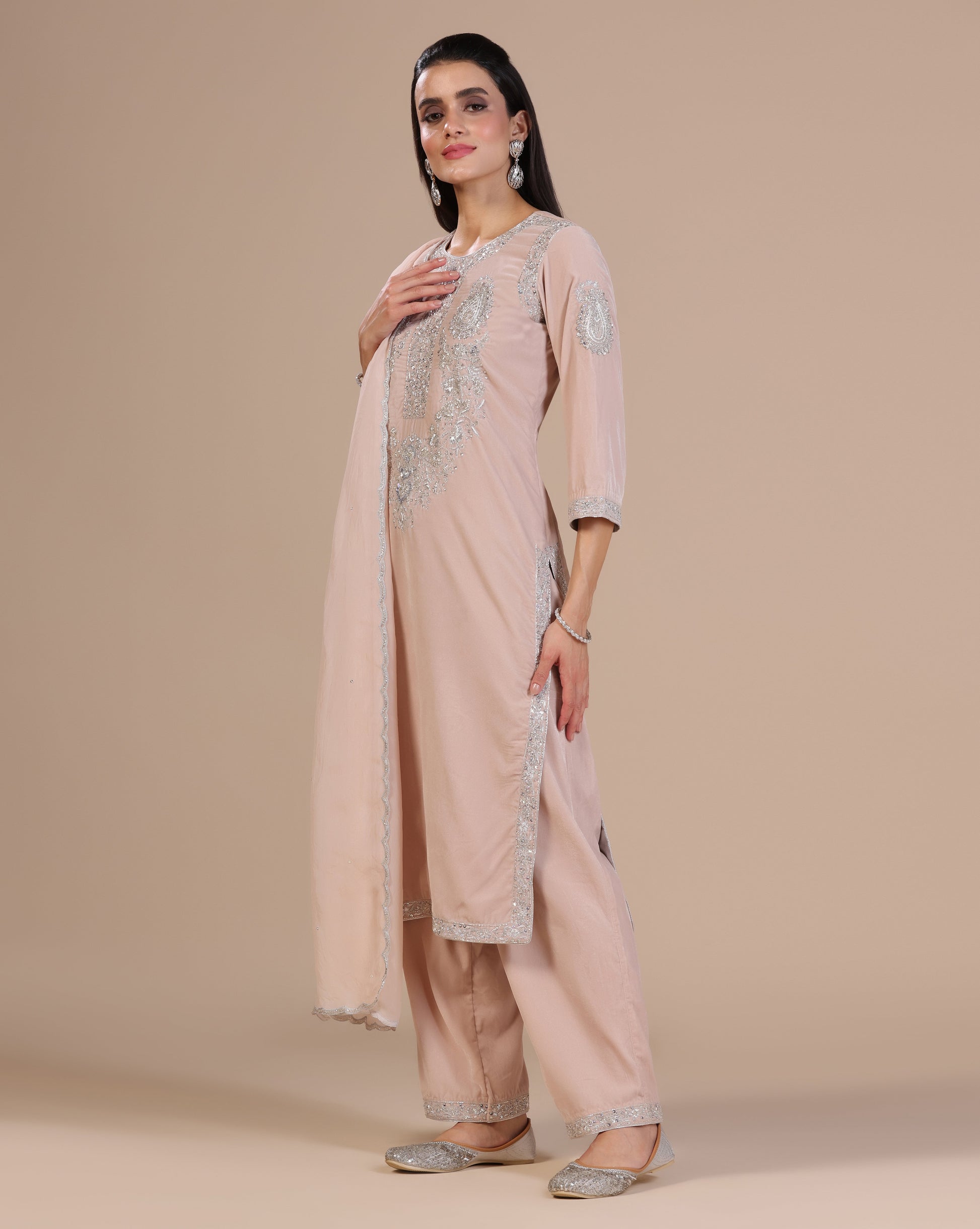 Velvet Blush Pink Embroidered Kurta Set